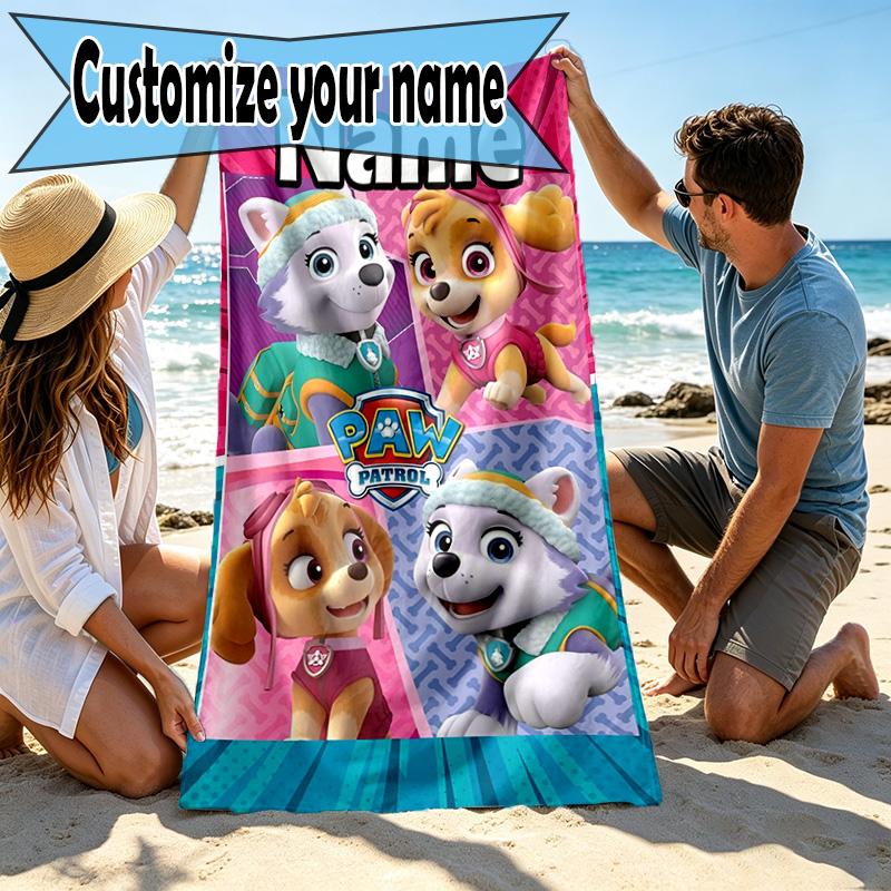 Asciugamano da Spiaggia Personalizzato con Nome e Stampa PAW Patrol, per Viaggio Campeggio Festa in Spiaggia Decorazione Casa, Regalo di Compleanno per Famiglia e Amici