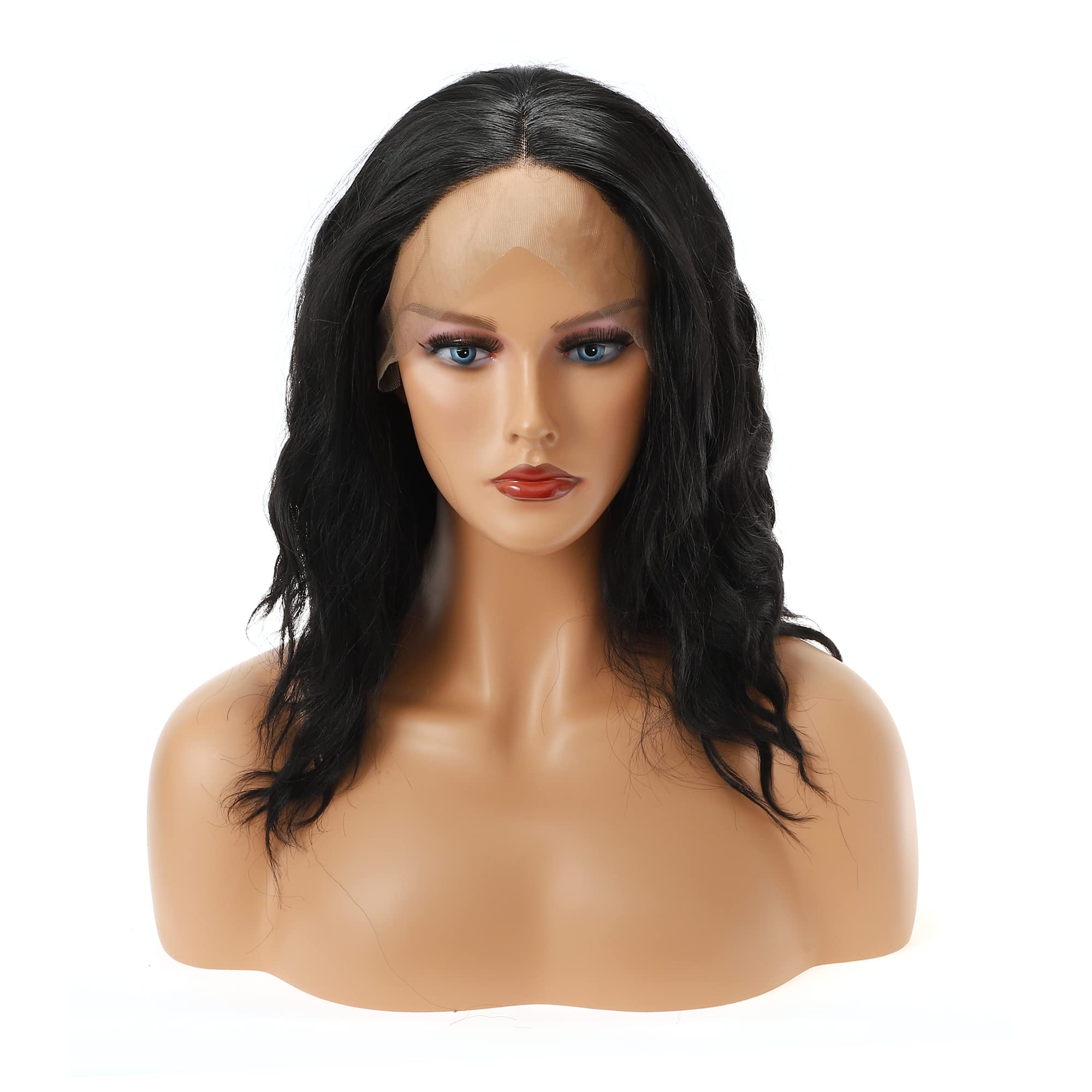 

VOCOSTE Heat-Resistant Lace Front Wig, Medium Long, Fluffy, Curly, and Wavy, for Girls, Everyday Use, Synthetic Fiber, Black, 30.5 cm