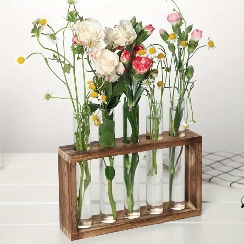 

3/5 Test Test Tube Vases Wood Frame Glass Planter Hydroponic Plants Container Tabletop