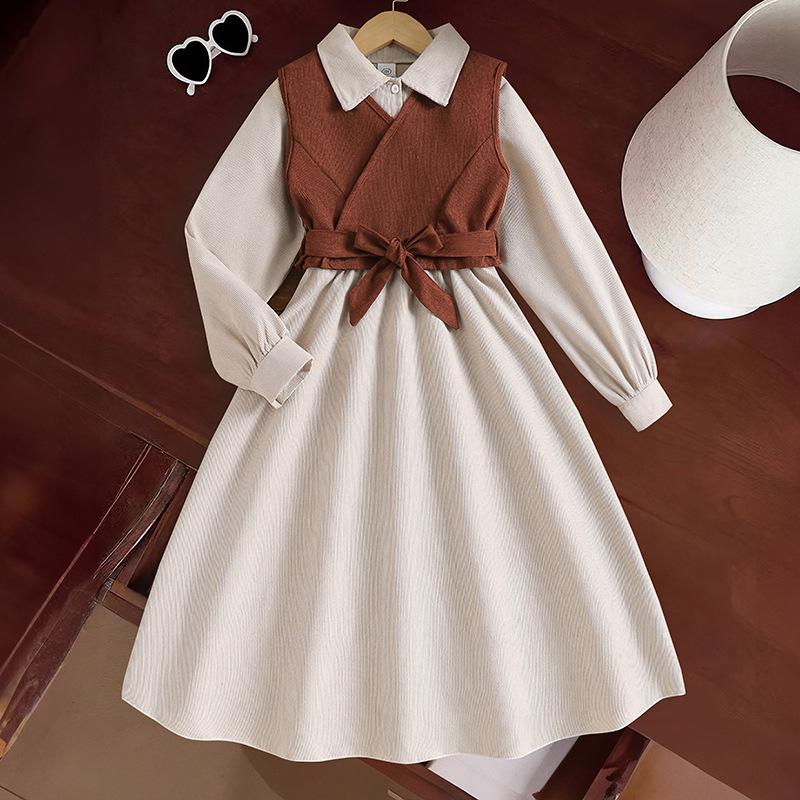 

Girls Fashion Set 2025 Autumn Children s Casual Elegant Retro Belt Waistcoat Long-sleeved Dress Two-piece Set 130cm=8Y