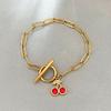 Gold Cherry Charm Paperclip Chain Toggle Bracelet – CZ Crystal OT Clasp Jewelry, Sweet Gift for Women