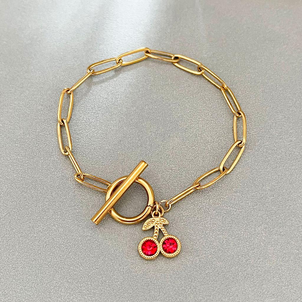 Gold Cherry Charm Paperclip Chain Toggle Bracelet – CZ Crystal OT Clasp Jewelry, Sweet Gift for Women