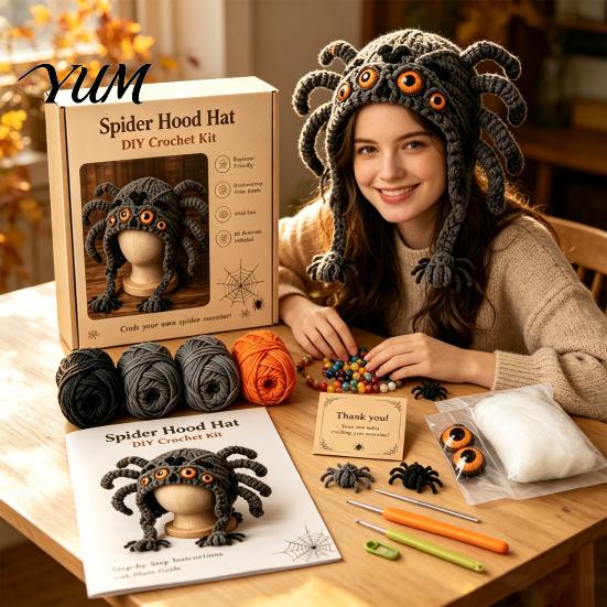 Knitting Accessories Bundle Highland Cow Hat Crochet Kit, Halloween Pumpkin Spider Hood Creative Hobby Gift for Adults DIY Handmade Craft Kit