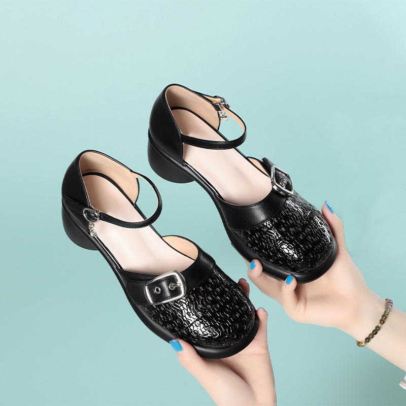 Hollow Women's Shoes Thick Heel One-Liner Summer Single Shoes Versatile Women's Braided Hollowed-Toe Sandals Elegant Fashion