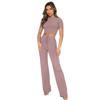 European and American Women's Fashion: Solid Color High-Elastic Shaping Rib-Knit Short-Sleeve Top & Wide-Leg Pants Two-Piece Set.