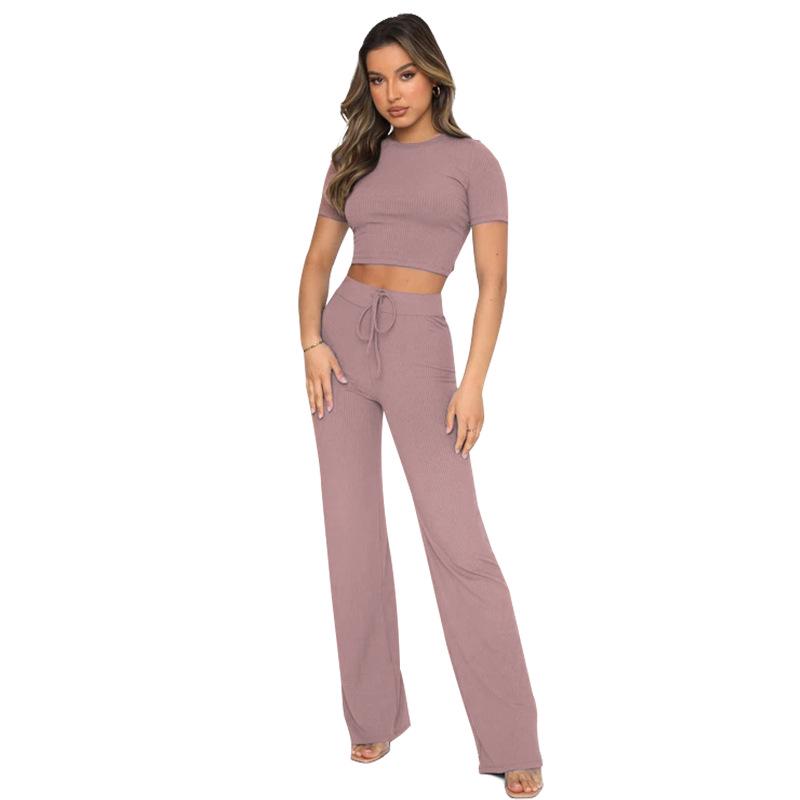European and American Women's Fashion: Solid Color High-Elastic Shaping Rib-Knit Short-Sleeve Top & Wide-Leg Pants Two-Piece Set.