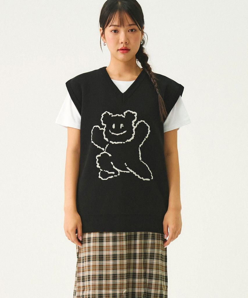 Graver [Unisex] Big Line Bear Smile Knit Vest_Black