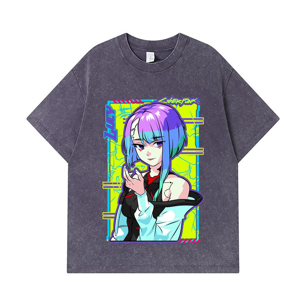 275 GSM Washed T-shirts 100% Cotton Cyberpunk Edgerunners V8 Lucy Print Unisex Heavy Cotton T Shirt