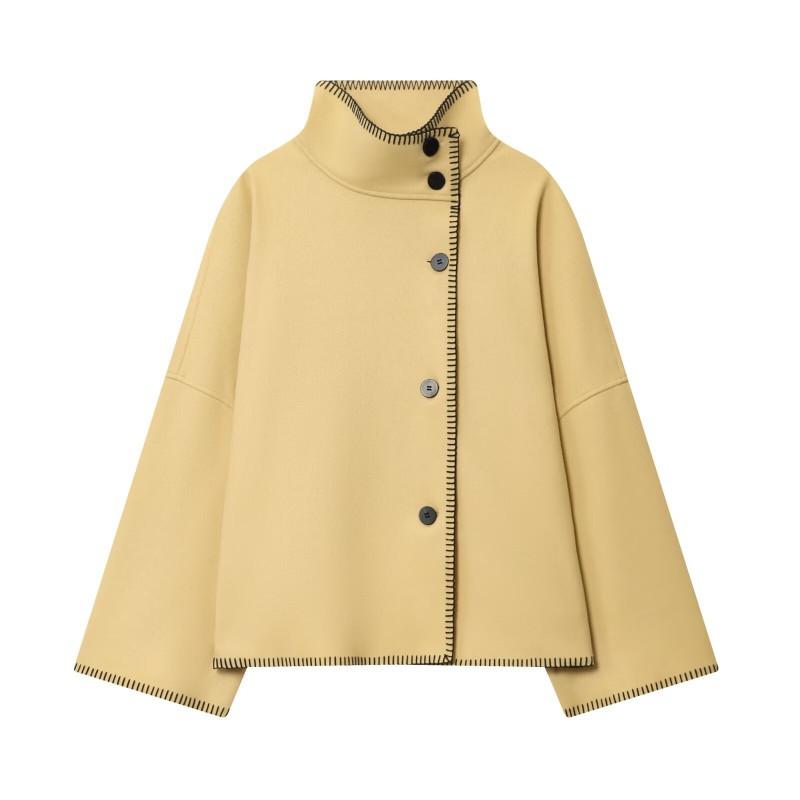 Womens Fashion Stand Collar Single Breasted Loose Wool Blend Coat Irregular Hem Shawl Outerwear Streetwear