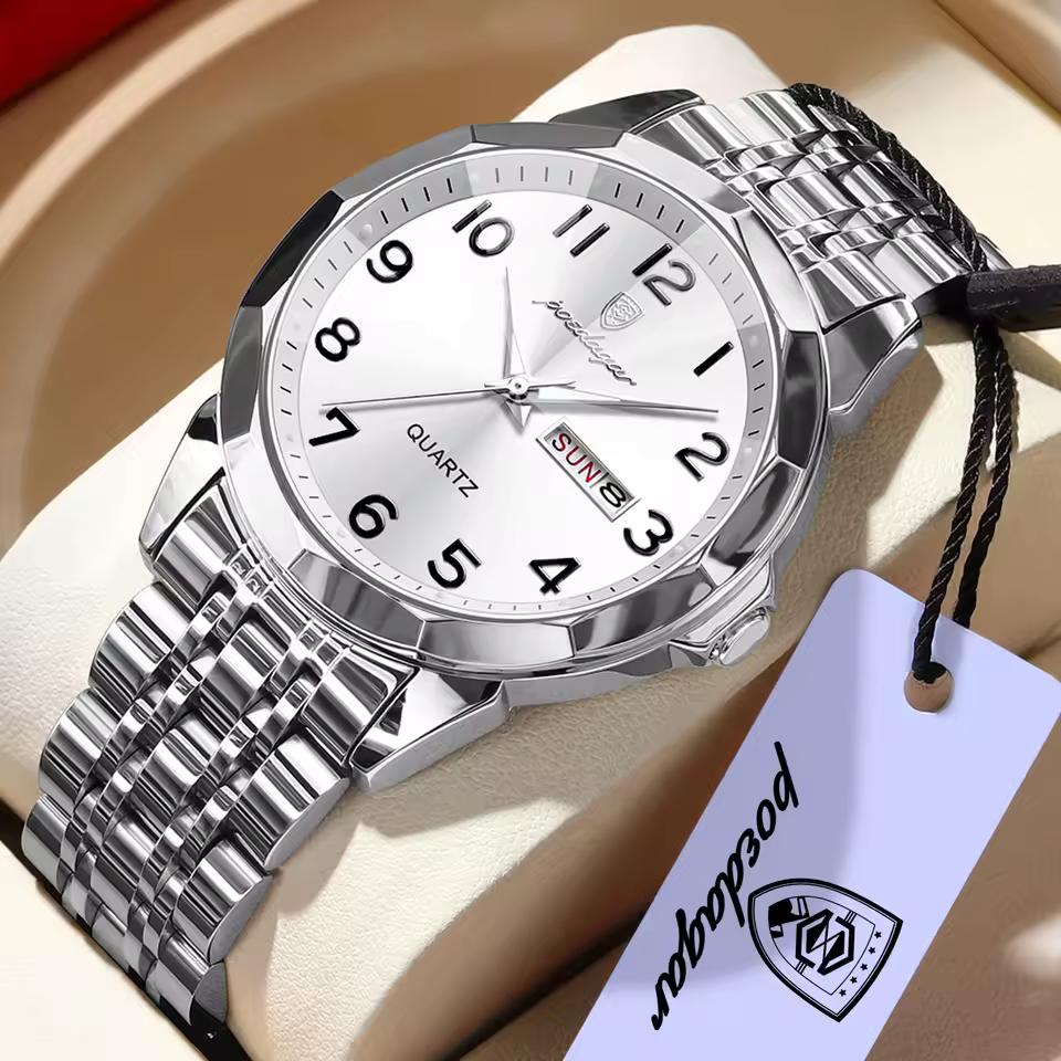 POEDAGAR 1pc Business Men s Stainless Steel Quartz Waterproof Luminous Watches, Dual Calendar Display, Men Gift серебряный/белый