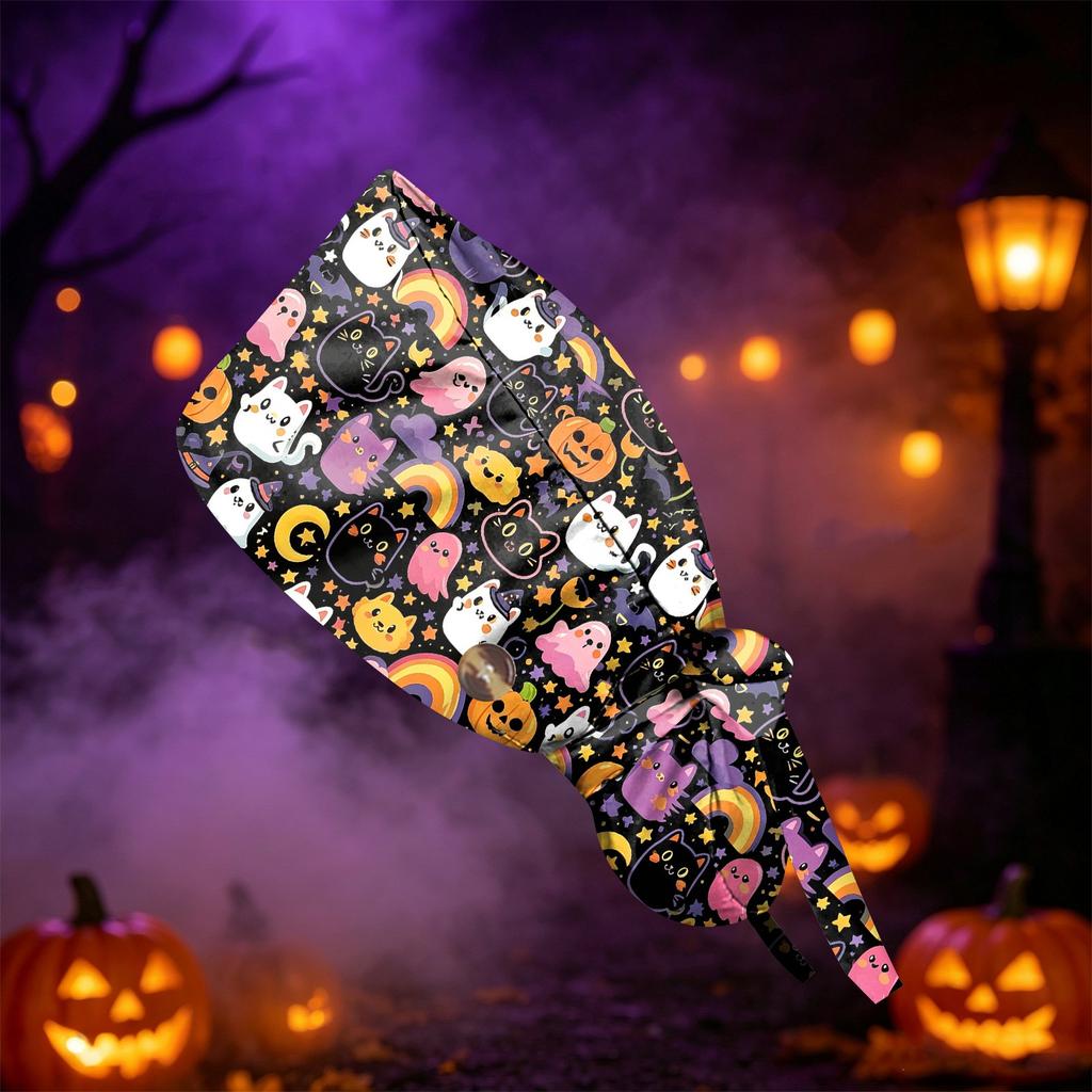 Women's Fashion Halloween Print Ponytail - Multipurpose Work Shower Scrub Hat for