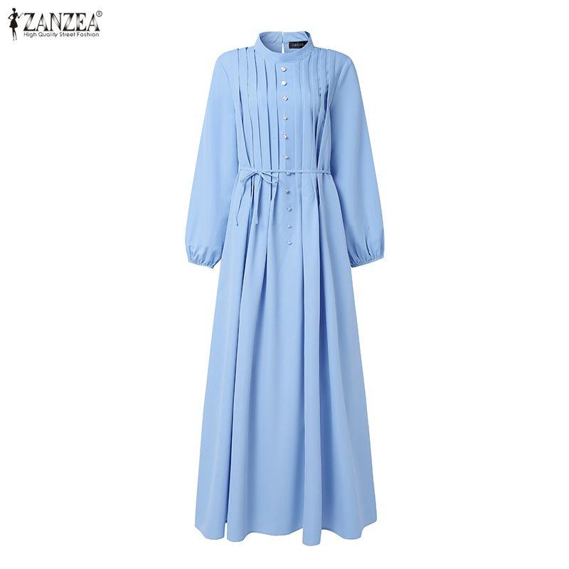 ZANZEA Damen Casual Rundhals Locker Langarm Muslimisches Kleid