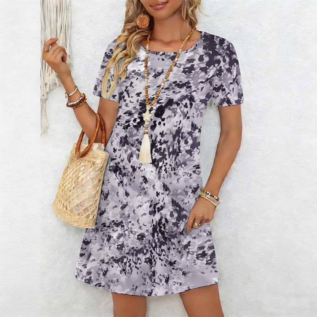 Ladies Crew Neck Plus Size Short Sleeve Dress Bright Wild Meadow Print For Outdoor Brunch