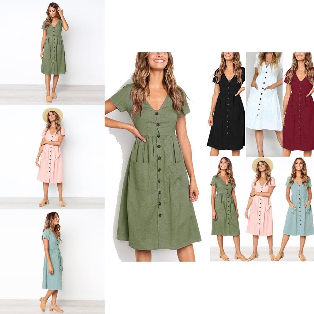 Nrj 2020 Hot Sale V-neck Button-up Short Sleeve Women's Dress With Pockets