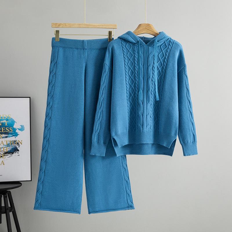 European Casual Knitwear Set - Women’s Hooded Cable Sweater & Wide-leg Pants Two-piece for Spring/Autumn