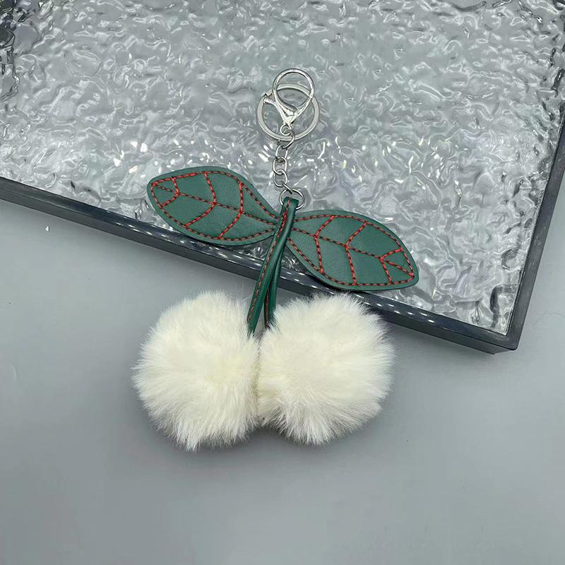 

Плюшевые брелоки с вишней для женщин, девочек, пушистый меховой помпон, брелоки с листиком, брелок, подвеска для сумки, подарки белый