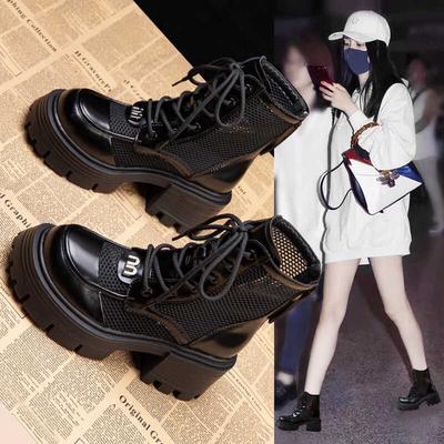 Soft Leather Hollow Fashion Boots Women's Thick-soled New Summer and Autumn Hollow Breathable Mesh Boots Women's Heightening Boots Women