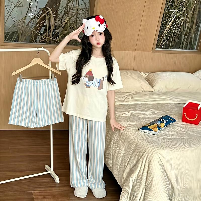 Girls' Cartoon Pajama Set - Short Sleeve, Long Pants, 3-Piece Summer Sleepwear for Kids
