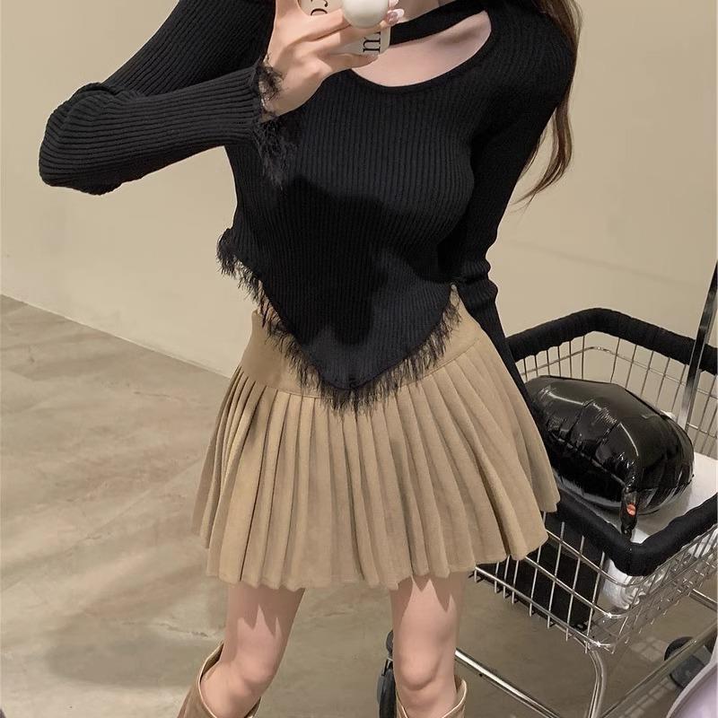Pure To Irregular Fringe Careful Machine Leakage Collarbone Long Sleeve Bottom Knit Women Unique Chic Small Top