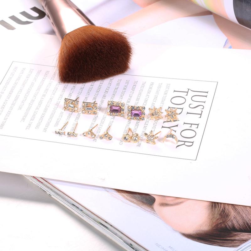 7 Pairs Ear Stud Delicate Artificial Gemstone Inlaid Earrings Love Star Moon Square Shape Elegant