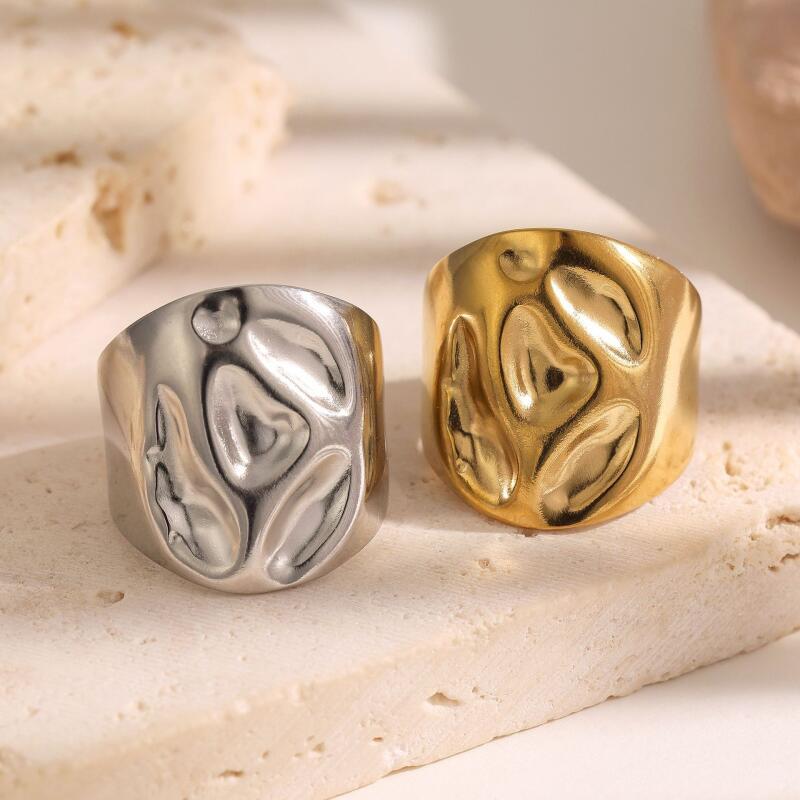 Stainless Steel Irregular Concave Convex Texture Wide Rings for Women Men Punk Smooth Opening Rings Party Jewelry Accessories