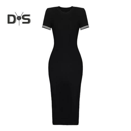 Vestito estivo da donna con scollo a V, spacco laterale, vestibilità attillata, tinta unita, maniche corte, a righe, lunghezza al ginocchio, casual, lungo