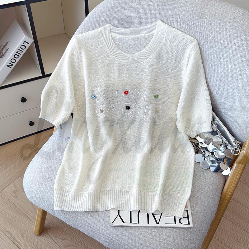 2026 Summer Versatile Embroidered Ice Silk Tencel Knit Women's T-Shirt