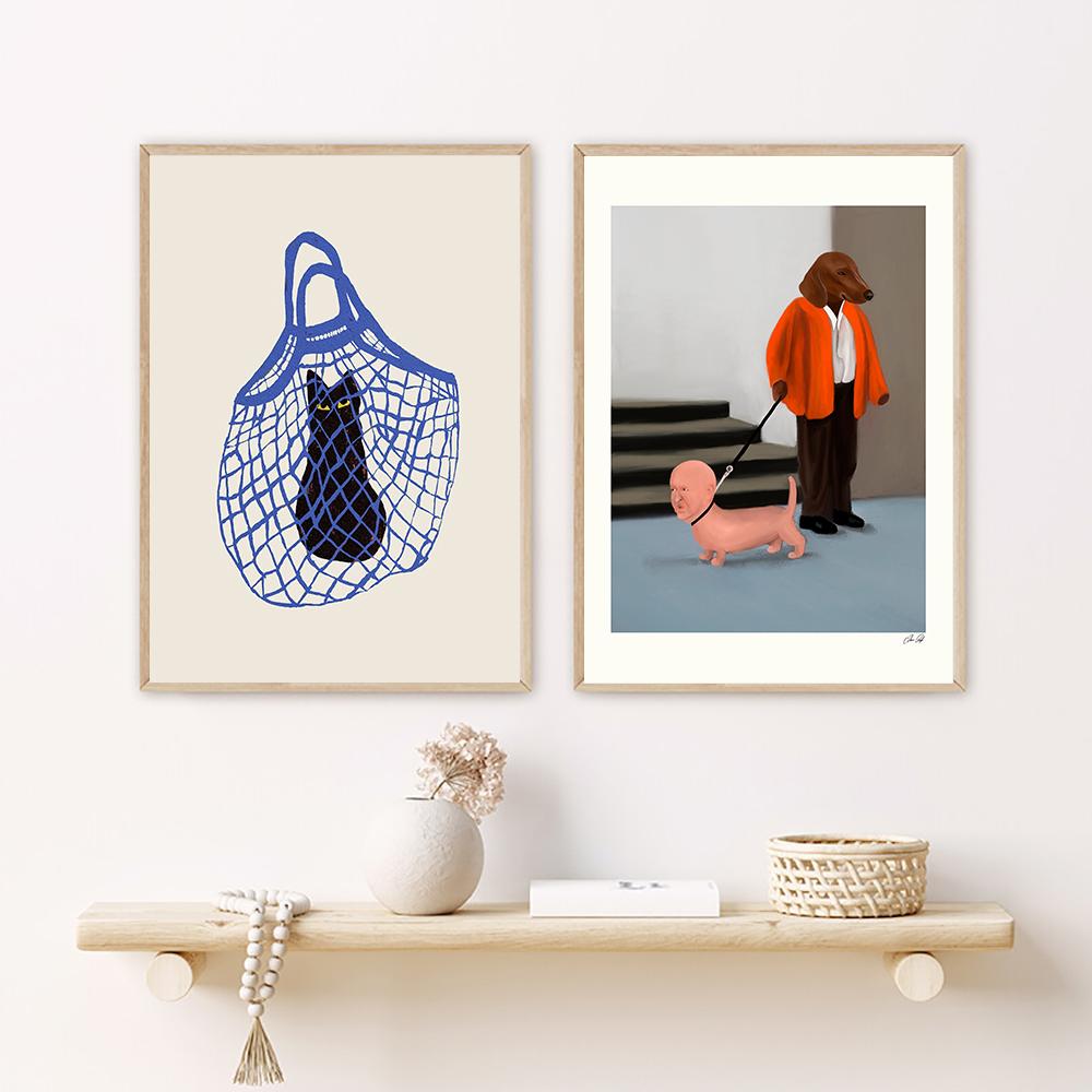 Plakát The Cats In The Bag Abstraktní nástěnná malba Malba na plátno Černá kočka Kreslené obrázky Tři psi na zeď Dětské domácí dekorace