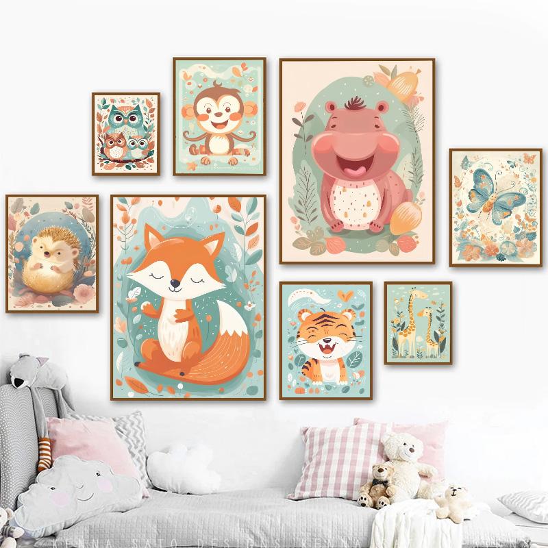 Cartoon Lion Giraffe Fox Nursery Wall Art Print Poster Baby Bedroom Cute Animal Canvas Painting Modern Room Aesthetic Decoration