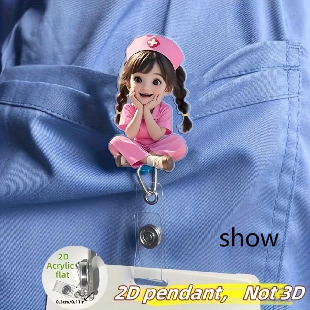 2D Flat Acrylic Pink Nurse Girl Retractable Badge Reel, Medical ID Tag Holder For Medical Students And Professional Nurse Practitioners Workplace