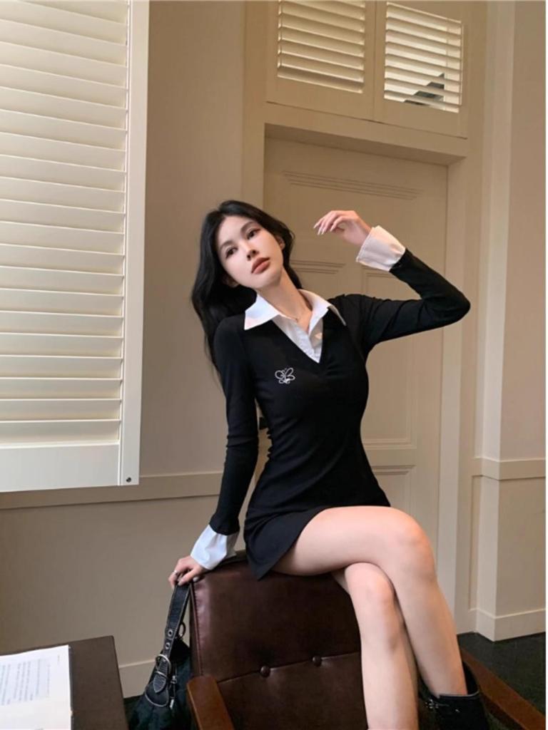 Korean Fashion Faux Two-Piece Shirt Dress – Chic Autumn/Winter Style with Unique Design and Short Skirt for Women