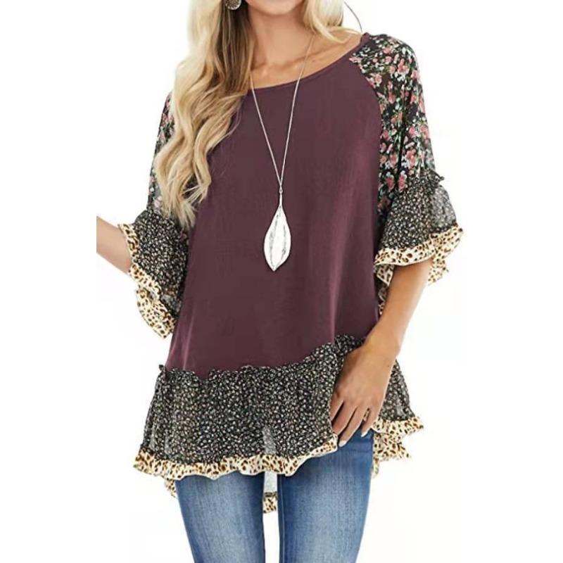 QICED Spring Summer Women's Bat-sleeve Matching Color Leopard Print Floral Print Mid-sleeve T-shirt
