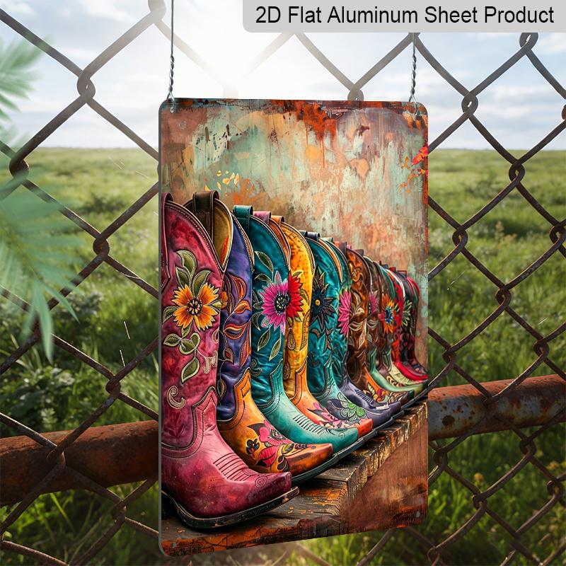2D Flat, Colorful Cowboy Boots Aluminum Sign - Retro Western Wall Decor Western Home Decor, Cowboy Themed Room, Ranch Decor, Bar Decor, Man Cave