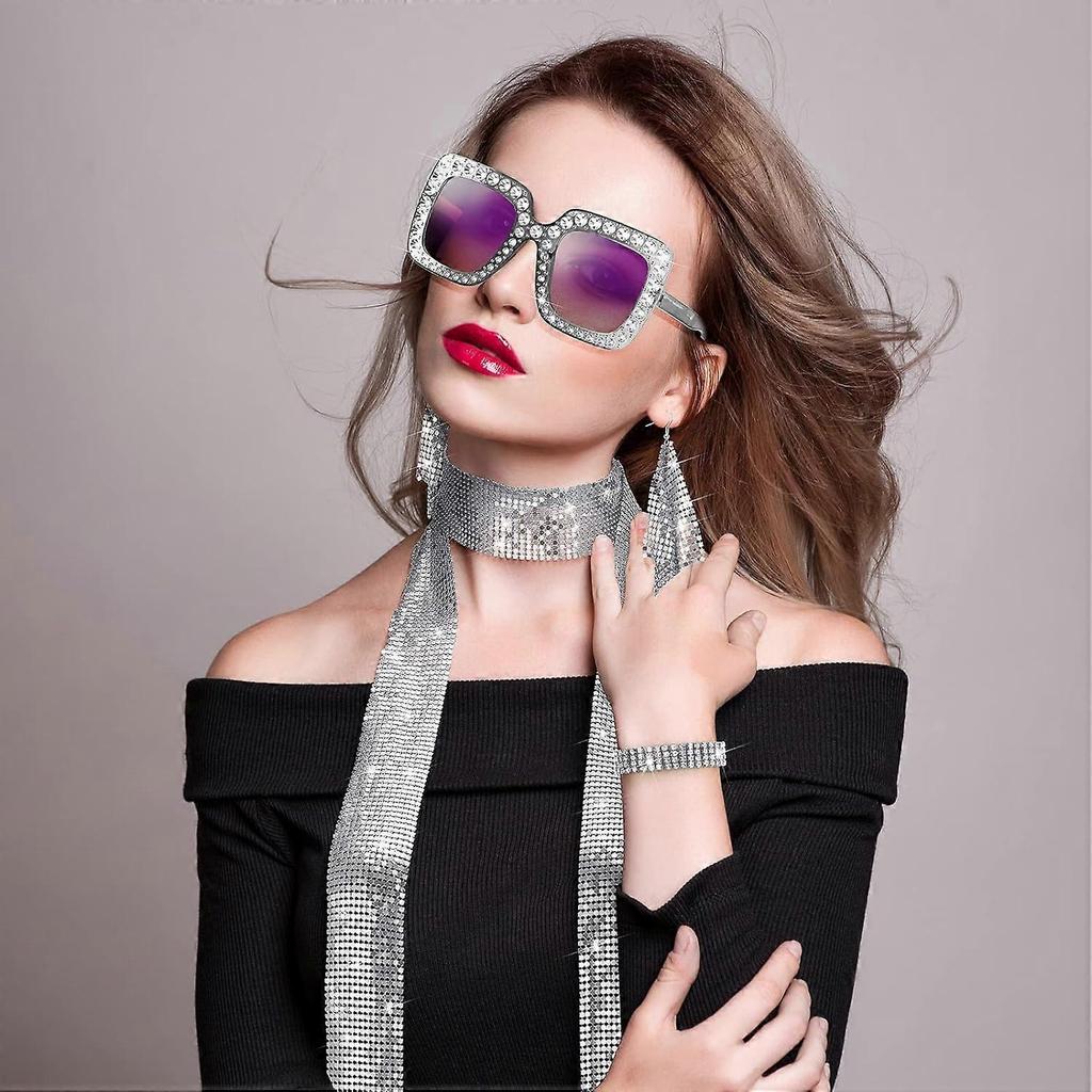 5 Pcs 70s Disco Accessories Women Costume Jewelry Disco Earrings Sequin Scarf Sunglasses Diamond Bracelet Headband