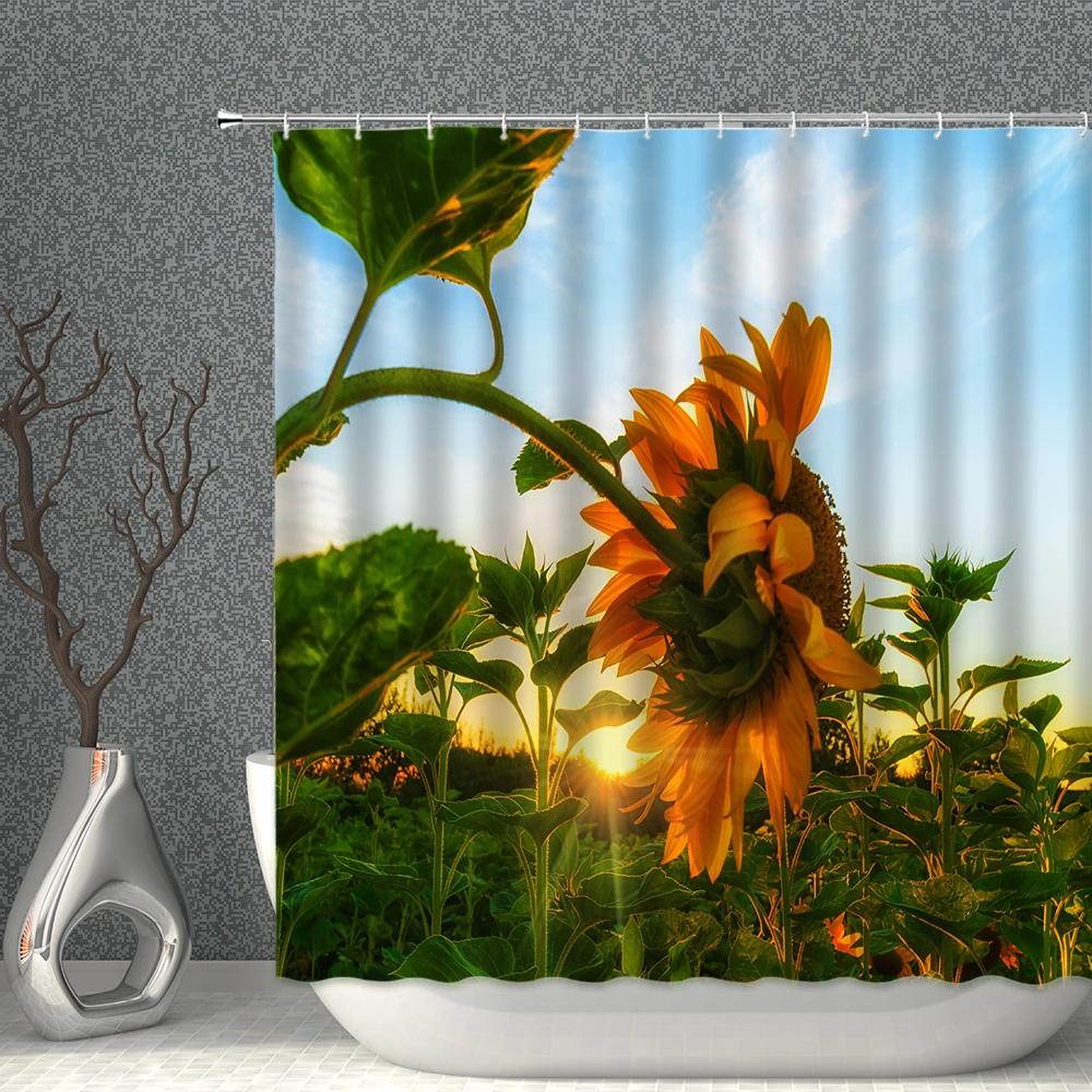 Rose Sunflower Shower Curtain Flower Green Plants Butterfly Bathroom Bath Curtains Waterproof Polyester Cloth Home Decoration