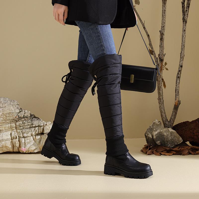  Snow Boots Winter Waterproof Down Cotton Knee Long Cotton Boots Thick-soled Wedge Heel Cotton Shoes Back Lace Up To Keep Warm