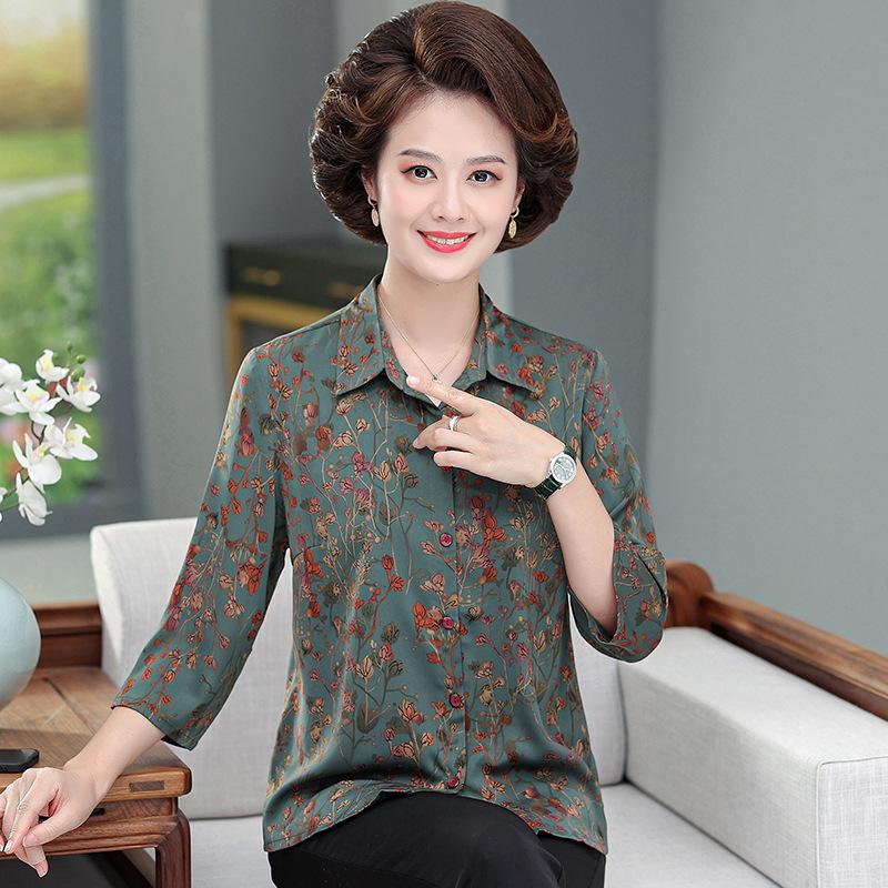 Mom's Spring & Autumn Long-Sleeve Mulberry Silk Shirt for Stylish Middle-Aged & Elderly Women