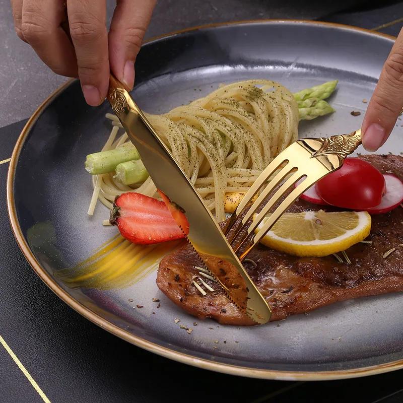 24 Pcs 18/10 Stainless Steel Black Gold Silver Cutlery Dinnerware Meat Knives Coffee Spoon Fork Flatware Set Dishwasher Safe