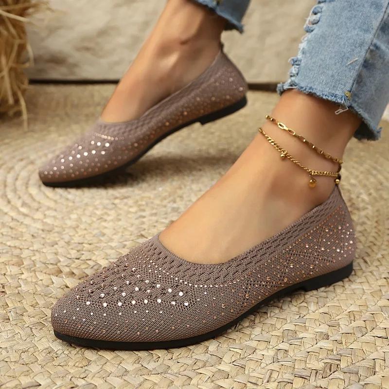 Spring New Flat Shoes for Women Pointy Head Shallow Mouth Glitter Mesh Fabric Soft Sole Anti-slip Wear-resistant Single Shoes