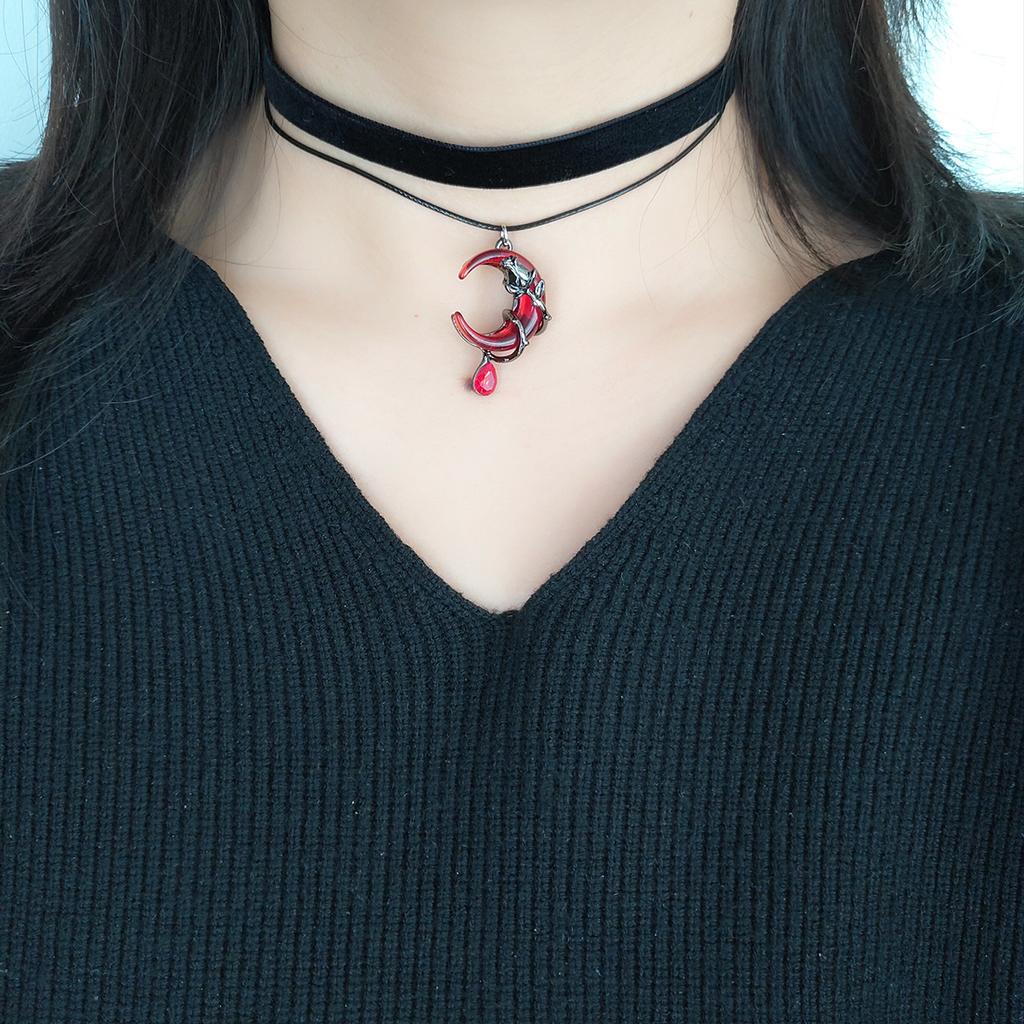 Gothic-style black velvet with red blood-colored rhinestones, moon and rose pendant, choker collar, necklace, women's accessorie