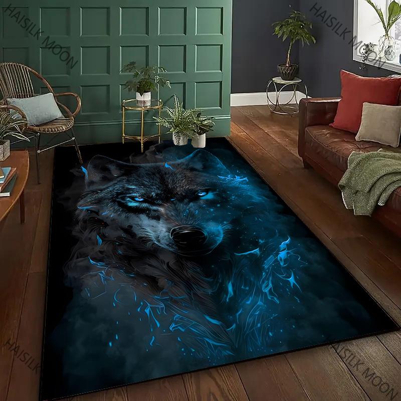 3D HD Blue Flame Lone Wolf Cool Printed Carpet Bedroom Non Slip Sofa Table Area Rugs Living Room Hallway Floor Mats, Fast Arrive
