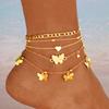4-piece Gold Butterfly Multi-layer Anklet Set, Creative Beaded Heart Chain Anklet, Suitable for Vacation and Beach Wear.