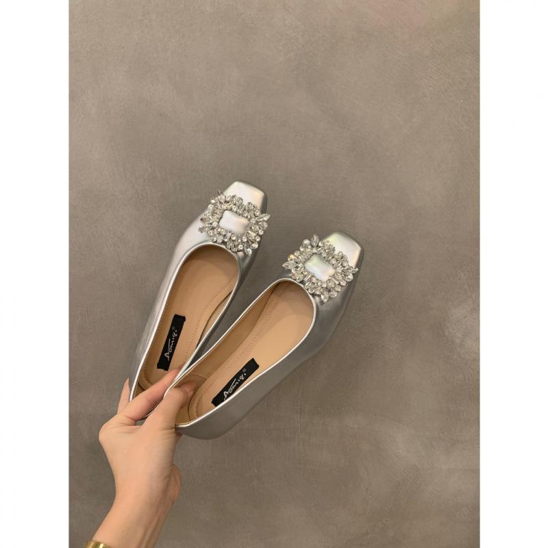 Flat Bottom Silver High-end Square Head Rhinestone Single Shoes Women's Shoes 2025 New Summer Black Commuter Beanie Shoes