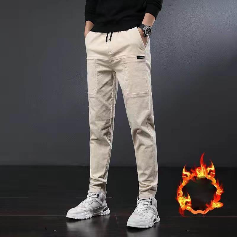 Corduroy Casual Pants For Men Fleece-lined Warm Striped Velvet Multi-pocket Slim Fit Straight Leg Pants