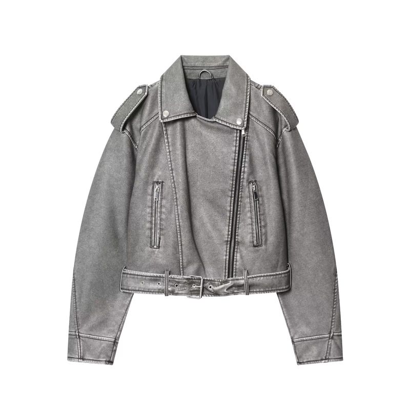 

За Осень/Зиму Новинки Женская Одежда Zr Европейский и Американский Стиль Модный Простой Универсальный Выстиранный Кожаный Пиджак Пальто с Поясом Gray M