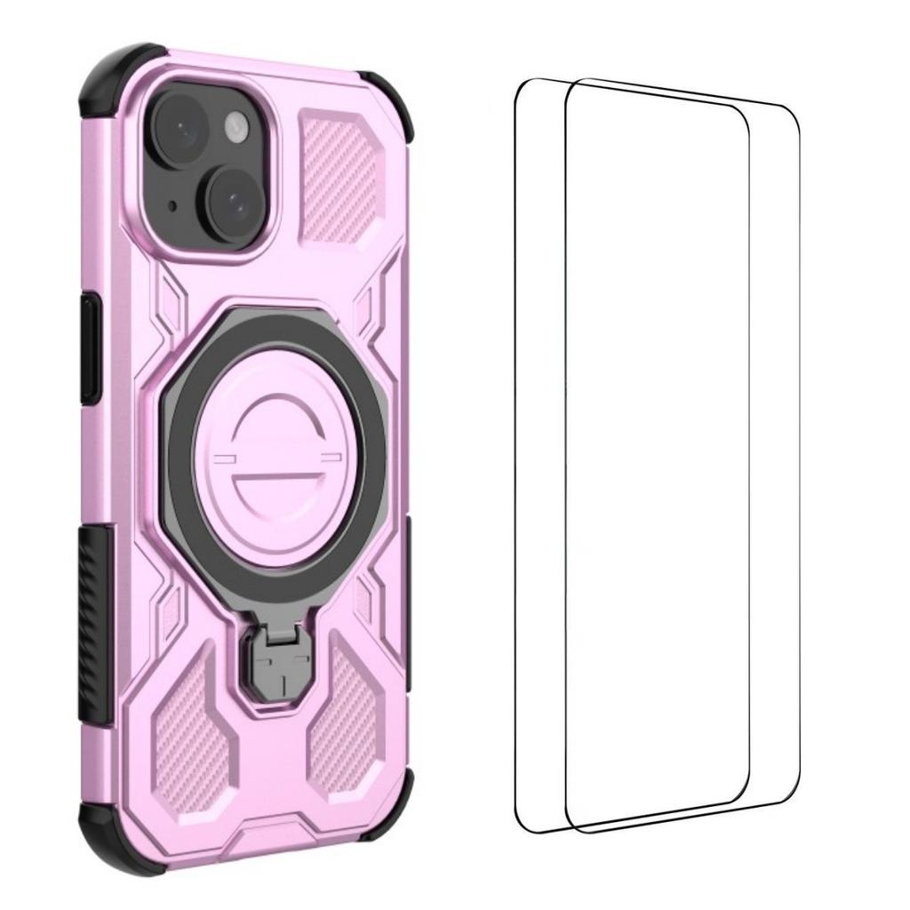 For iPhone 15 Case Kickstand with 2Pcs Screen Film WANLONFENG KJ Series PC TPU Phone Cover (Big Lens Hole)