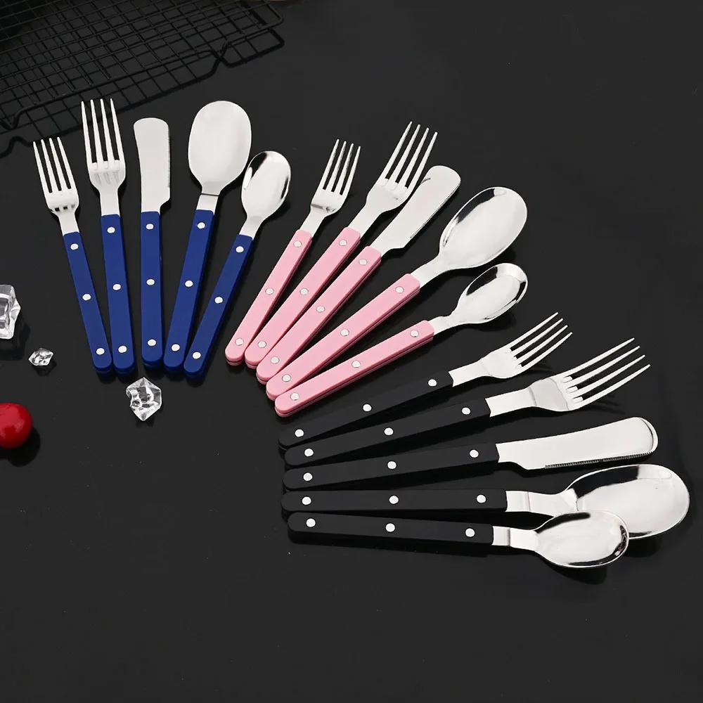 5Pcs Acrylic Handle Rivets Tableware Cutlery Set Stainless Steel Dinner Fork Knife Spoon Western Dinnerware Kitchen Flatware