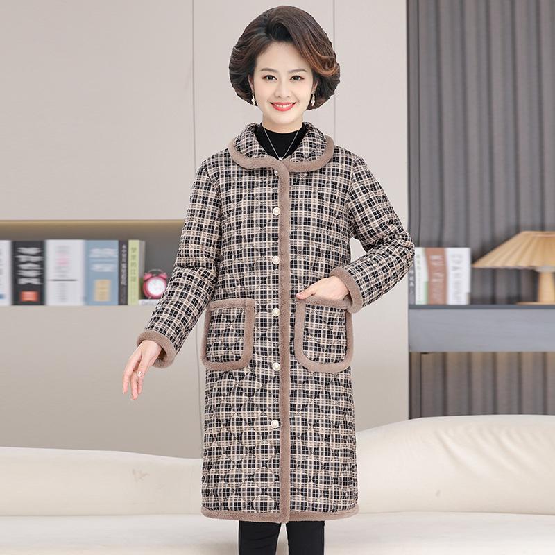 Cozy Plaid Fleece-Lined Jacket for Elderly Women - Mid-Length Winter Coat for Grandmothers