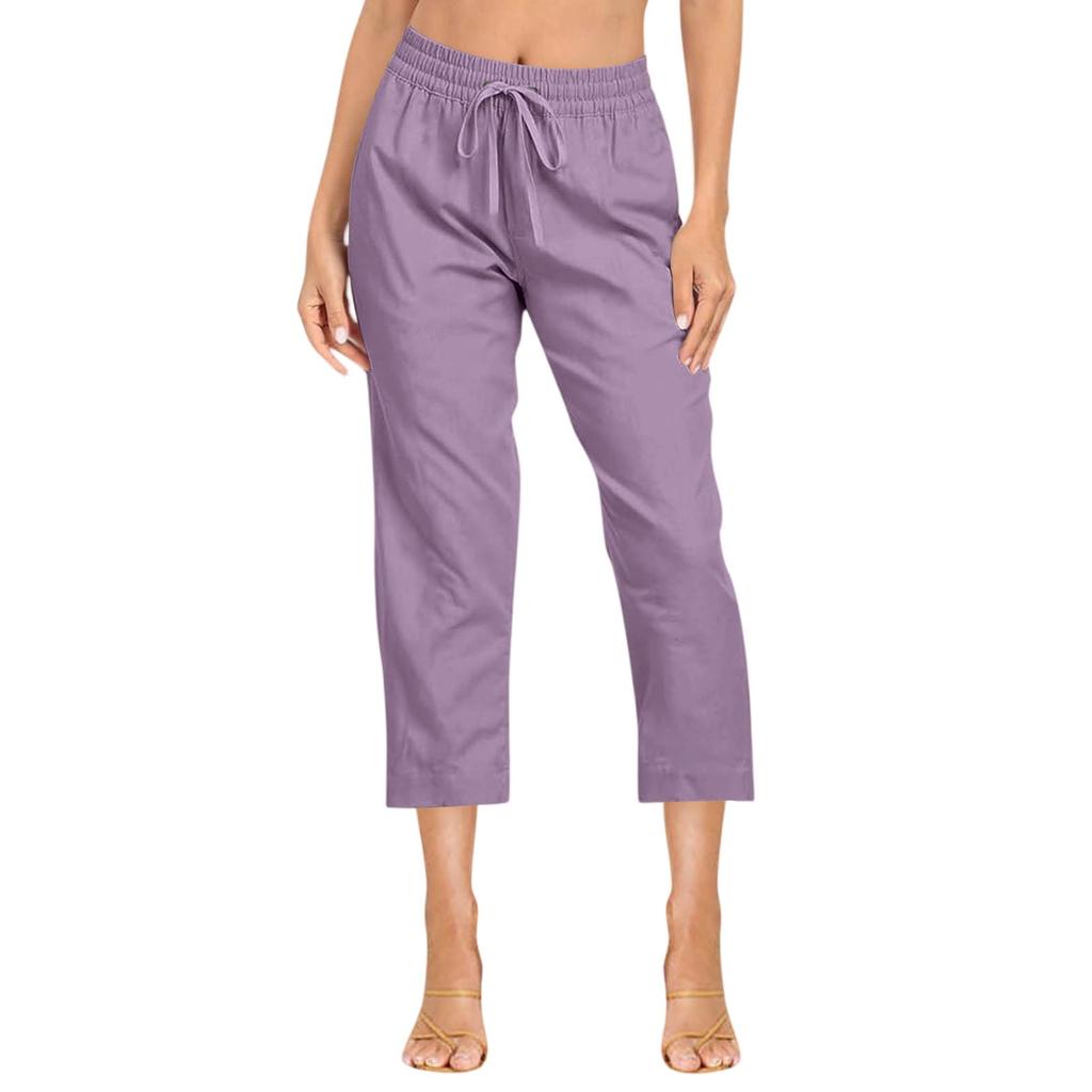 Ensfarget bomulls- og linbukser for kvinner Løs 7-punktsbukse med lommer