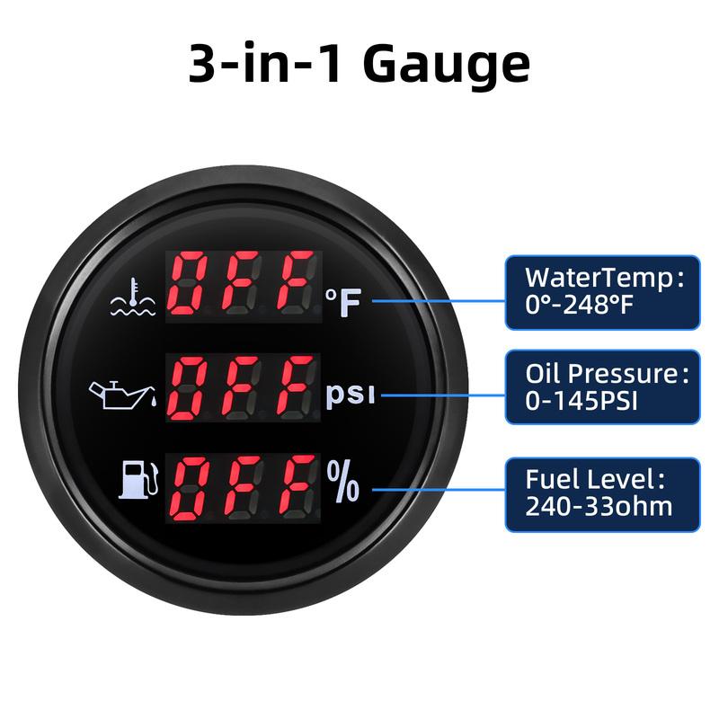 Digital 3 IN 1 Multi Meter Red LED 52mm Water Temperature Gauge+Oil Pressure+Fuel Level Gauge with Sensor 240-33ohm Boat